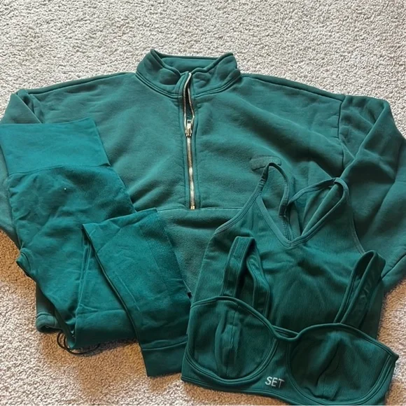 SET Active Deep Green Sports Bra and Leggings Set with Sweatshirt - Picture 2 of 3